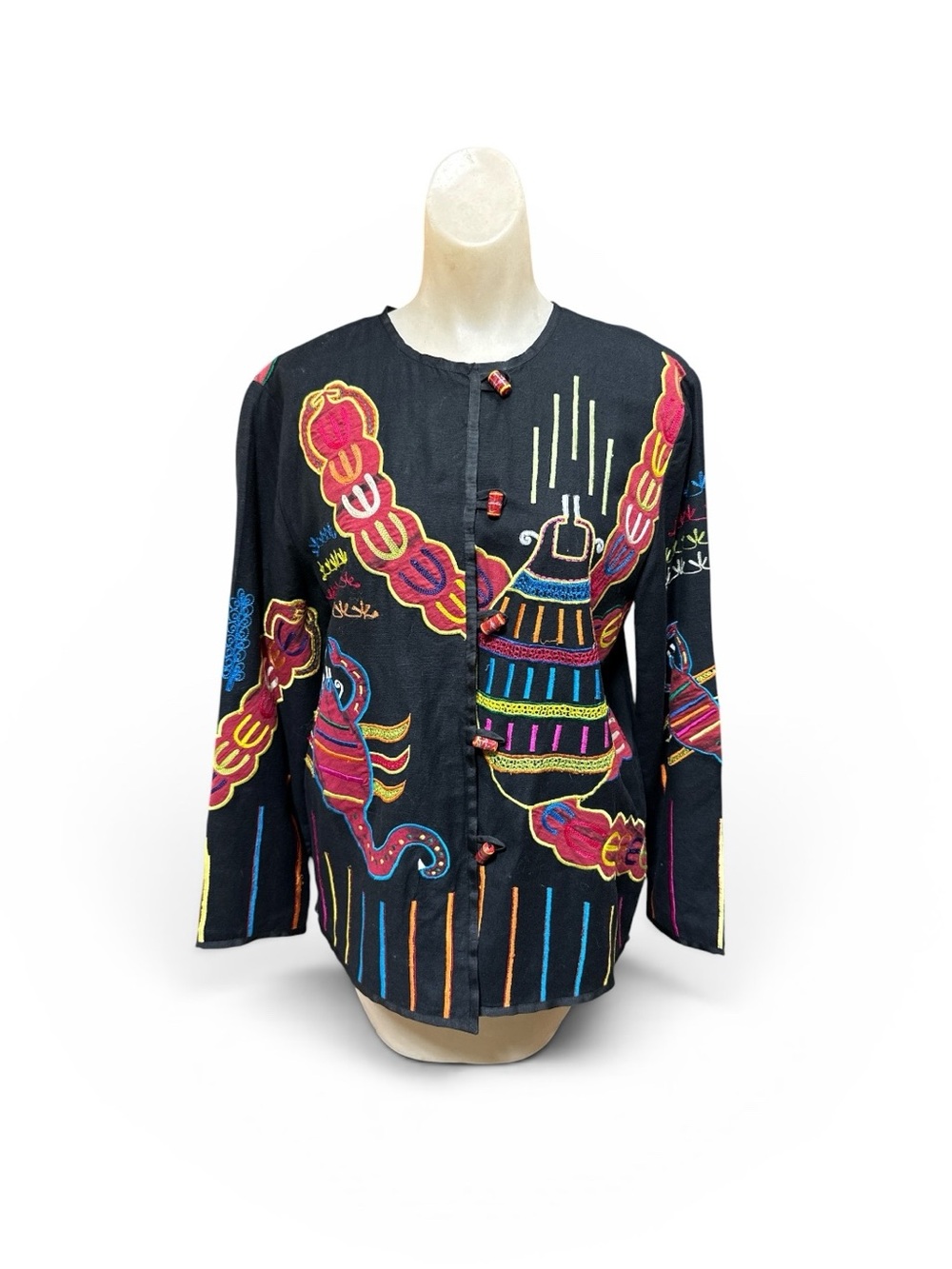 Vintage Julia Kim Scorpion Embroidered Art Jacket Glass Bead Buttons Korea S